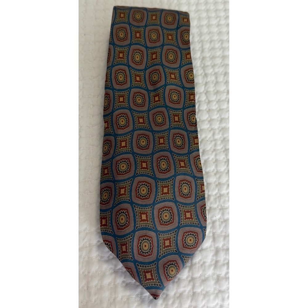 Luciano Barbera Italy Silk Tie Blue Rust Geometric Medallion Pattern Accessory